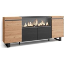 Skraut home Aparador efecto madera roble y negro 208x35x87cm chimenea efecto fuego