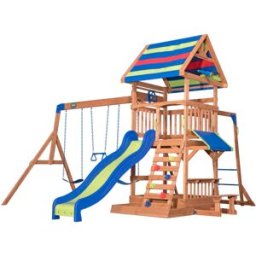 Backyard Discovery Parque infantil madera con tobogán, arenero y mesa picnic