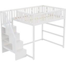 ComfortXL Cama alta infantil 140x200 cm con escalera y estantes blanca