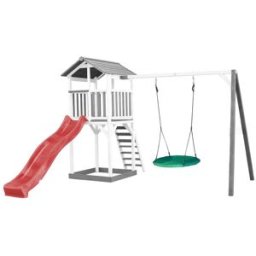 Axi Parque infantil, tobogán rojo, columpio nido, madera, blanco/gris