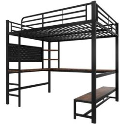 ComfortXL Cama alta 140x200 con escritorio, USB-C y LED en acero negro