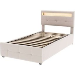 MODFU Cama infantil terciopelo beige 90x200 cm con almacenaje y luces LED