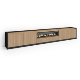 Skraut home Mueble tv efecto madera roble y negro 310x37x50 chimenea efecto fuego