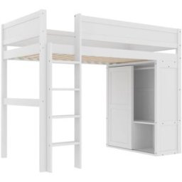 OKWISH Cama alta infantil blanca de pino con armario 90x200 cm