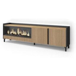 Skraut home Mueble tv efecto madera roble y negro 212x35x61 chimenea efecto fuego
