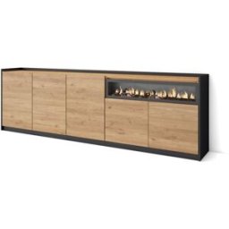 Skraut home Aparador efecto madera roble y negro 263x37x80cm chimenea efecto fuego