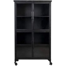 Mathi Design Vitrina alta de acero y madera negra con ruedas