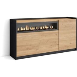 Skraut home Aparador efecto madera roble y negro 157x37x80cm chimenea efecto fuego