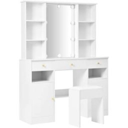 Meubles Cosy Tocador blanco, espejo led luminoso, 3 cajones, 2 armarios, estantes