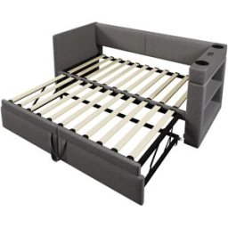 MODFU Cama infantil de algodón y lino gris 90x200 cm con cama nido y usb