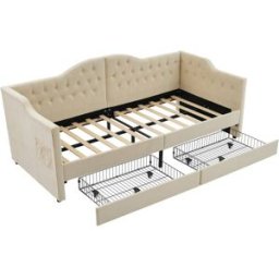 MODFU Cama infantil de terciopelo beige, 90 x 200 cm con 2 cajones
