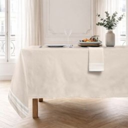 Febronie Mantel + 8 servilletas algodón 180x350 beige lino / blanco