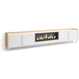 Skraut home Mueble tv efecto madera blanco roble 315x35x61cm chimenea efecto fuego