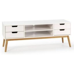 HOMN Mueble tv 1 puerta y 2 cajones blanco, madera maciza, 140 cm