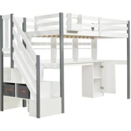 ComfortXL Cama alta infantil 90x200 cm con escritorio y almacenaje blanco gris