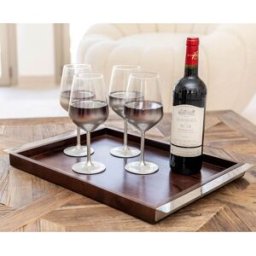 Aulica Bandeja rectangular de madera con asas de metal plateado 44x33 cm