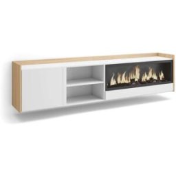Skraut home Mueble tv efecto madera blanco roble 212x35x50cm chimenea efecto fuego