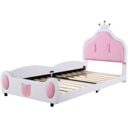 MODFU Cama infantil polipiel blanca 90x200 cm con cabecero de cornisa