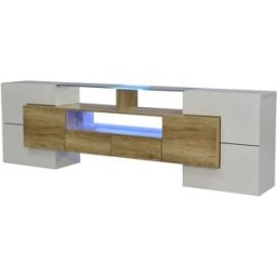 MODFU Mueble tv con led, alto brillo y gran almacenaje 200 cm, blanco/madera