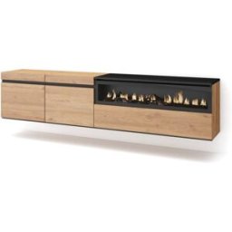 Skraut home Mueble tv efecto madera roble y negro 200x35x45 chimenea efecto fuego