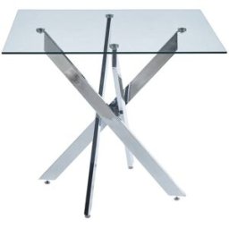 MODFU Mesa de comedor con patas cruzadas de metal y vidrio 80x80 cm plata