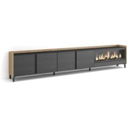 Skraut home Mueble tv efecto madera negro roble 315x35x61cm chimenea efecto fuego