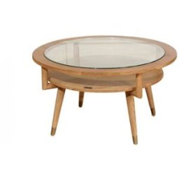 Robin des Bois Mesa de centro redonda de roble macizo y vidrio templado. Beige