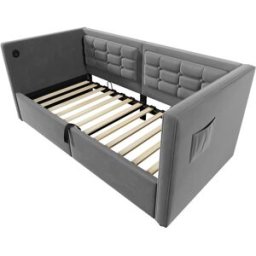 MODFU Cama infantil terciopelo gris claro 90x200 cm con almacenaje y usb