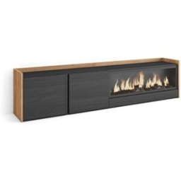 Skraut home Mueble tv efecto madera negro roble 212x35x50cm chimenea efecto fuego