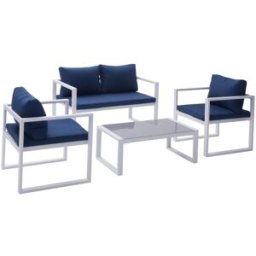 Happy Garden Conjunto de muebles de jardín de 4 plazas tela azul y aluminio blanco