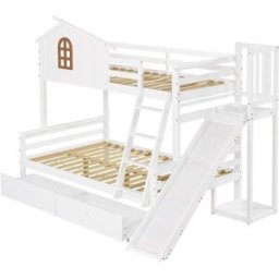 OKWISH Litera blanca de madera maciza con tobogán 90/120x200 cm
