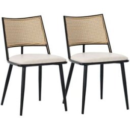 Urban Meuble Juego de 2 sillas de comedor de pu blanco con respaldo de ratán.
