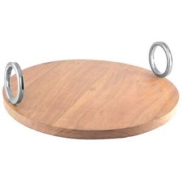 Aulica Bandeja redonda de madera con asa plateada 38x38x11 cm