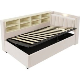 MODFU Cama infantil de terciopelo beige, 90 x 200 cm con almacenaje y led