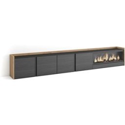 Skraut home Mueble tv efecto madera negro roble 315x35x50cm chimenea efecto fuego