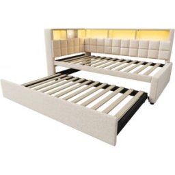 MODFU Cama tapizada 90x200 con cama nido, led, bluetooth, usb, beige