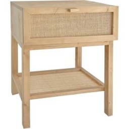 NATYAL Mesita de noche de madera en tonos claros con balda y cajón de rafia