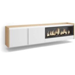 Skraut home Mueble tv efecto madera blanco roble 212x35x50cm chimenea efecto fuego