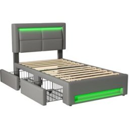 MODFU Cama infantil con 4 cajones y LED de polipiel 90x190 cm, gris