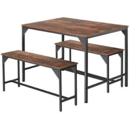 Tectake Juego de bancos y mesa de comedor de estilo industrial, madera oscura