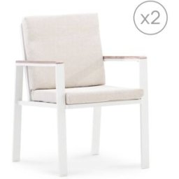 Defora Home Pack 2 sillas jardin aluminio blanco y brazo efecto madera con cojines