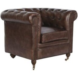 NIYLO Sillón chester con ruedas de cuero marrón 84x77x77 cm