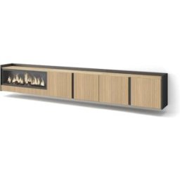 Skraut home Mueble tv efecto madera roble y negro 315x35x50 chimenea efecto fuego