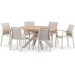 Defora Home Conjunto de mesa redonda d140 y 6 sillas de aluminio beige y textileno