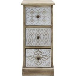 Mobili Rebecca Mesita de noche estampada con 3 cajones en madera blanca y beige