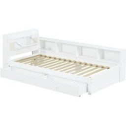 MODFU Cama infantil de madera maciza blanca de 90 x 200 cm con almacenaje