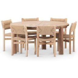 Defora Home Set de mesa redonda 150cm y 6 sillas de madera y ratán beige