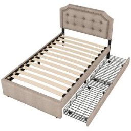 MODFU Cama infantil con 2 cajones de lino 90x200 cm, color beige