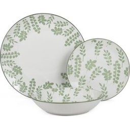 Fijalo Vajilla 18 pzs porcelana blanco hojas verdes,plato llano: diam.27