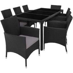 Tectake Conjunto ratán mesa 8 sillas, cojines extraíbles, negro 195x91x75cm